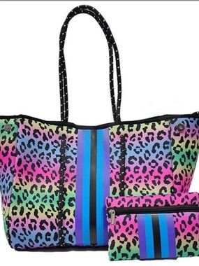 Neoprene Rainbow Leopard Neoprene Tote with Matching Pouch - Multicolor